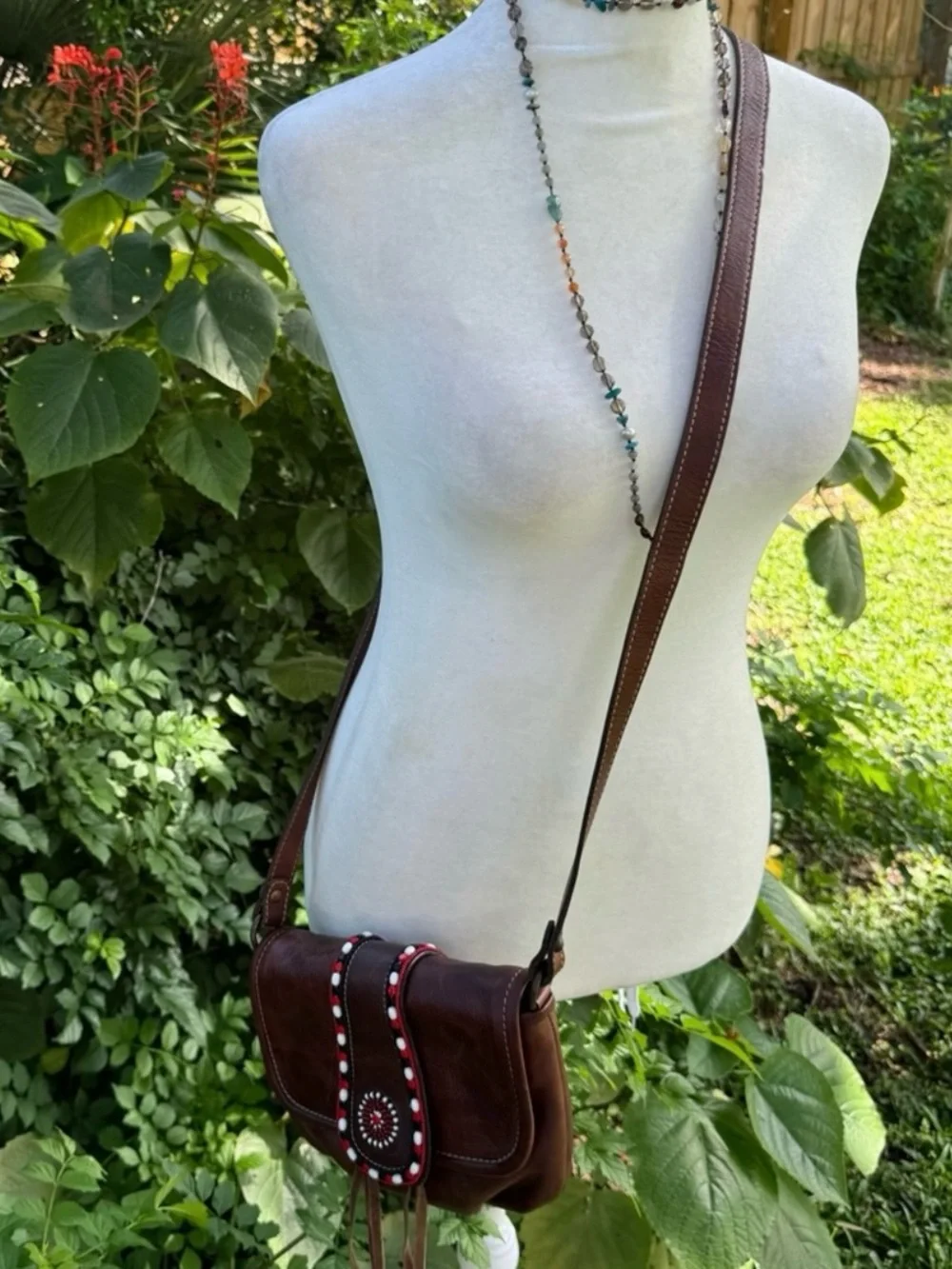 Pikolinos Boho Beaded Brown Leather Crossbody With Red/White/Black Beading